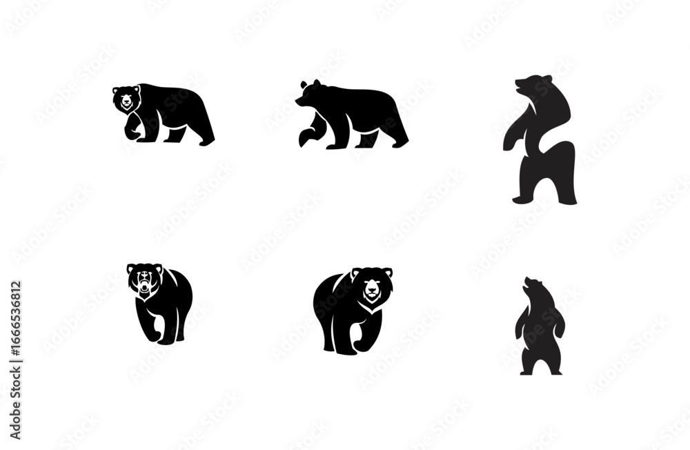 Naklejka premium Black Bear and Grizzly Bear Silhouette Icons Collection on White Background