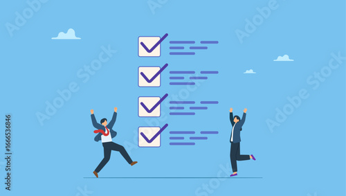 Happy business people celebrate completed checkmark after finish responsible project. Complete task, accomplishment or project done checklist, success or achievement checkbox, job done.