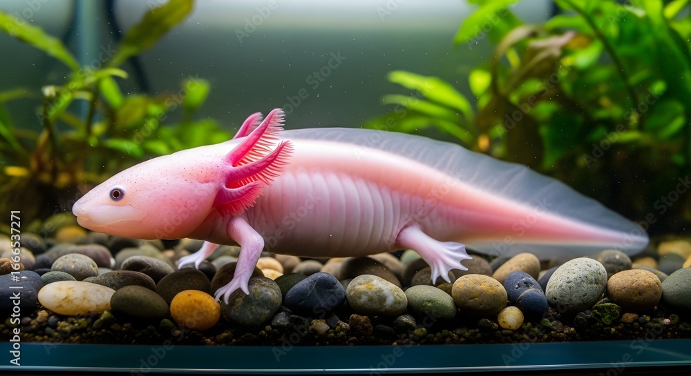 Obraz premium A close-up view of a pink leucistic axolotl, the unique Mexican walking fish, resting on pebbles in a freshwater aquarium