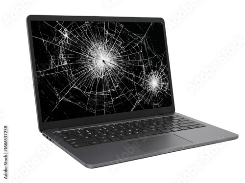 Modern laptop with a severely shattered cracked screen displaying bright light patterns isolated on transparent background