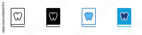 Dental Book Multiple Style Icon Vector Design - book or manual with a tooth icon on the cover, represents dental education, oral care guides, and professional reference for dentists