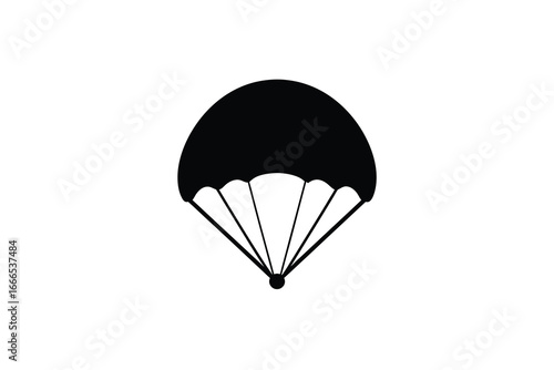 A black silhouette of a parachute against a white background