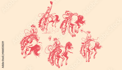 Wild West Rodeo Cowboy Illustration. Frontier Cowboy Spirit art. Retro Western Rodeo Rider. A vintage illustration of rodeo cowboy. Cowboy action on bronco. Bronco Buster Rodeo Cowboy Action Sketch.