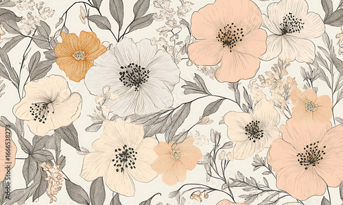 Floral or leaf pattern background suitable for wallpaper, fabric, or decorative design. Soft colors and natural style, ideal for digital and print use.