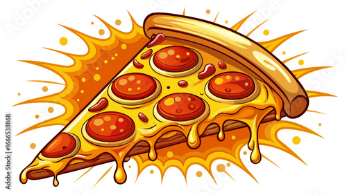 Delicious slice of pepperoni pizza, vector illustration isolated on white, melted cheese glows golden, pepperoni circles radiate warmth, minimalist yet flavorful composition balances realism with play