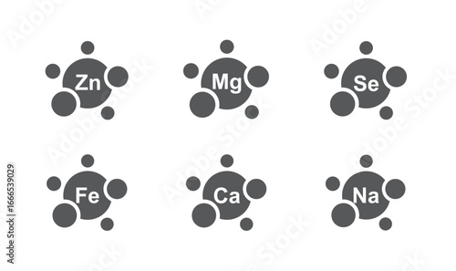 Ca, Zn, Mg, Se, Fe, Ca, vector. Set of Multi Vitamin und mineral, icons.