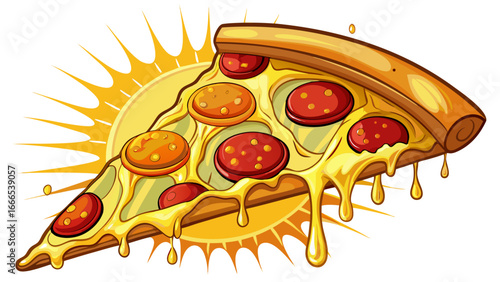 Delicious slice of pepperoni pizza, vector illustration isolated on white, melted cheese glows golden, pepperoni circles radiate warmth, minimalist yet flavorful composition balances realism with play