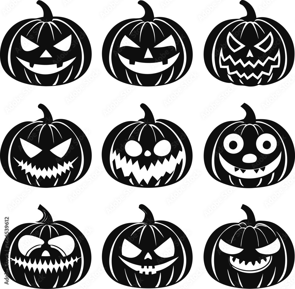 Obraz premium Nine black halloween pumpkins with different scary faces in silhouette style isolated on a white background