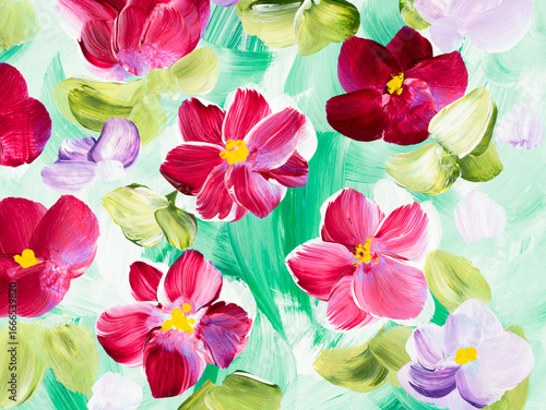 Abstract pink and purple flowers, original hand drawn, impressionism style, color texture, brush strokes of paint