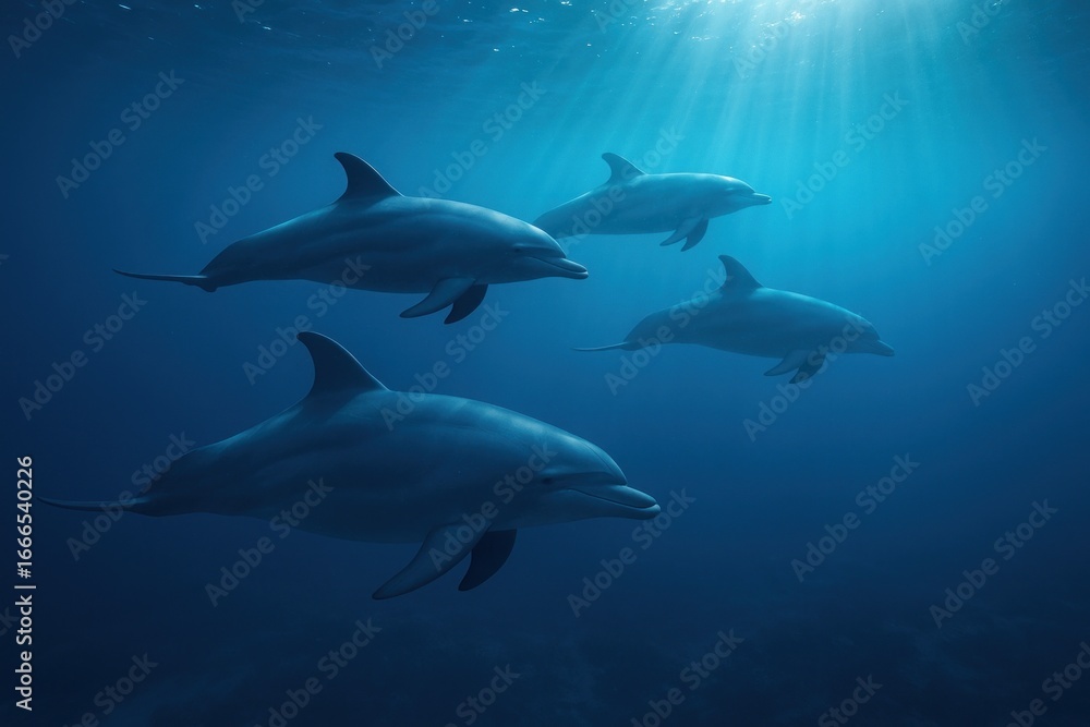 Obraz premium Graceful dolphins swimming underwater.