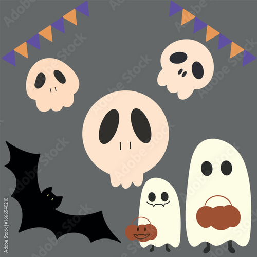 Cute Halloween Ghosts, Skulls, and Bat Illustration