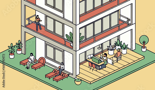 Isometric view of university life in a modern design style