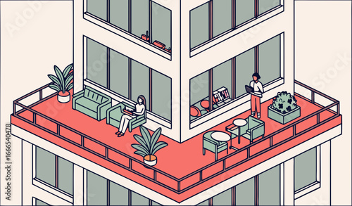 Isometric view of university life in a modern design style