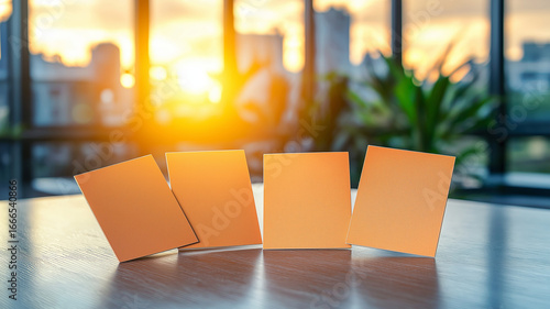 Wallpaper Mural Orange blank cards standing on wooden table with bright sunlight and blurred office background creating warm and inviting atmosphere Torontodigital.ca