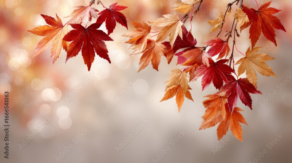 Vibrant red and gold maple leaves on delicate twig with warm autumnal bokeh background Vibrant red and gold maple leaves on delicate twig with warm autumnal bokeh background