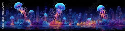 Jellyfish float above a vibrant cityscape at night in a surreal underwater dreamscape