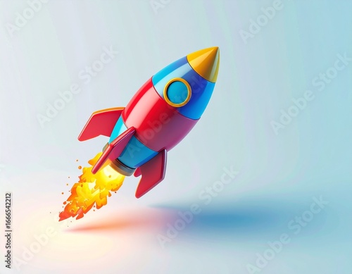 Colorful cartoon rocket ship blasting off with fiery exhaust against a blue gradient background, symbolizing success and innovation