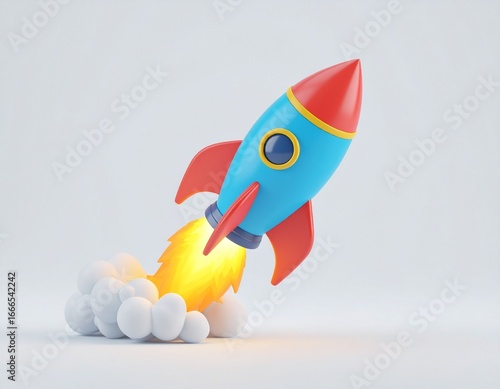 A Colorful Cartoon Rocket Launching into the Sky with Clouds of Smoke and Flames, Representing Space Exploration and New Beginnings