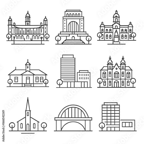 Pretoria South Africa Landmarks Linear Icons Set