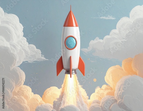 Retro-style rocket launching into the sky with bright orange flames and white smoke billowing around it