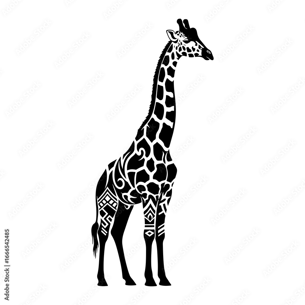 Fototapeta premium Silhouette of a giraffe tattoo with striking tribal pattern.
