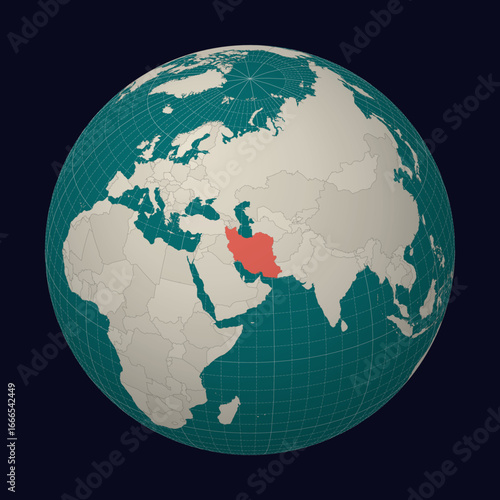 Islamic Republic of Iran on the map. Globe centered to Iran. Country location on the world map. Teal Pale Mint color palette. Globe with countries, meridians and parallels. Modern vector illustration.