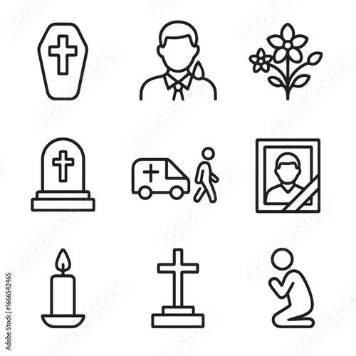 Funeral Ceremony Line Art Icons Set