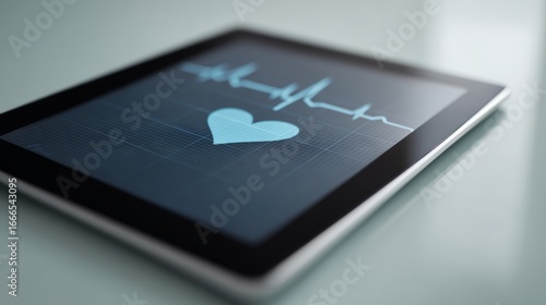 Wallpaper Mural Closeup of a modern tablet displaying a glowing blue heart intertwined with a digital pulse line on a soft teal surface, emphasizing healthcare technology and digital health innovations Torontodigital.ca