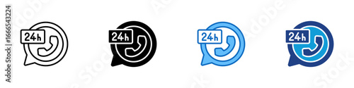 24h Support Multiple Style Icon Vector Design - Phone symbol with "24h" tag, representing around-the-clock support service