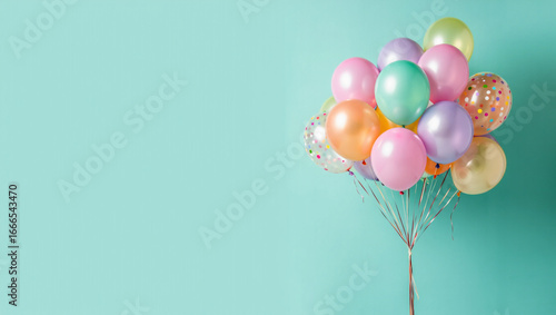 Wallpaper Mural A cluster of colorful pastel balloons in various shades of pink, peach, mint green, lavender, and gold, with some featuring polka dots, against a solid mint green backdrop. Torontodigital.ca
