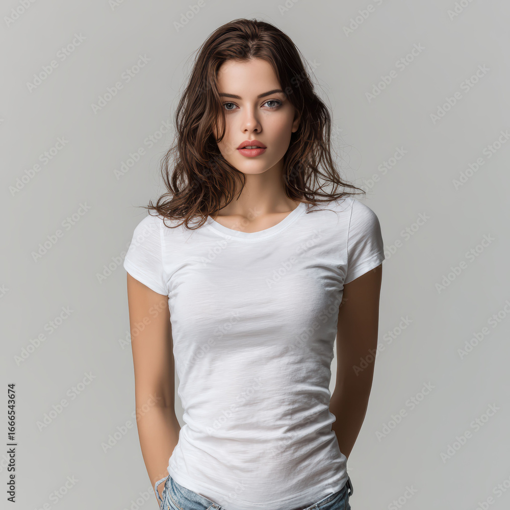 Obraz premium The clean white t-shirt on a Caucasian woman against a bright background provides a versatile base for print-on-demand and branding.