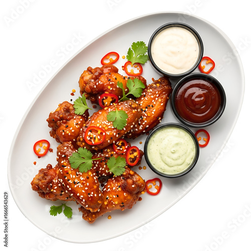 Air fryer chicken wings glazed with hot chilli sauce and served with different sauces. isolated on white background . top view