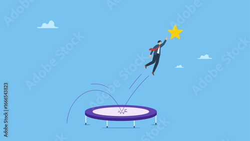 Businessman bounce on trampoline jump flying high to grab star. Reach success, improvement or career development, business tools advantage to reach goal or target, growth and achievement.