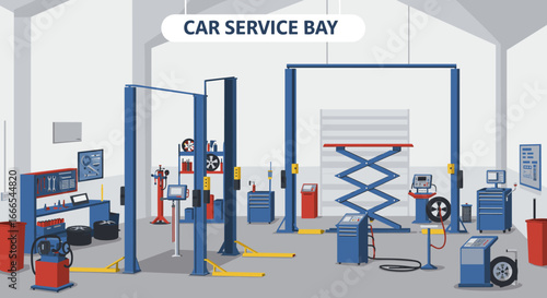 Modern car service bay with lifts and equipment in a sleek workshop setting