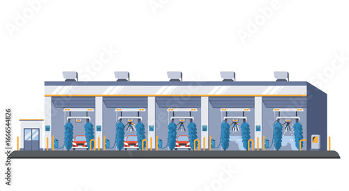Modern car wash facility with multiple vehicle bays and advanced cleaning technology