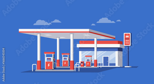 Modern gas station with electric charging in flat cartoon style