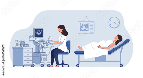 Ultrasound examination scene with doctor and pregnant woman in medical office