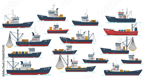 Collection of flat style fishing and cargo ships on white background