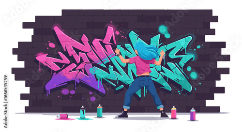 Vibrant street art: woman spraying colorful graffiti on brick wall