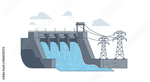 Hydroelectric dam with flowing water and power lines in minimalist design