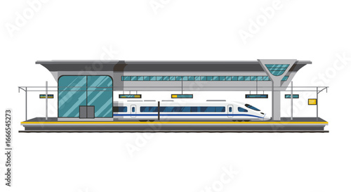 Modern high-speed train at futuristic railway station in flat design