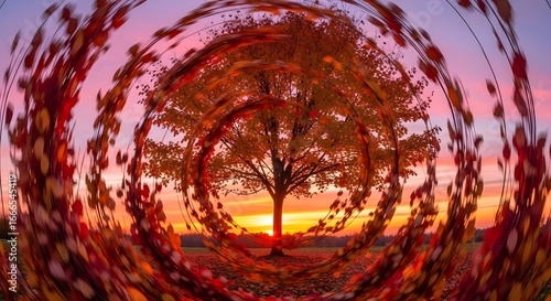 Autumn Tree Vortex at pink Sunset: Whirlwind of Leaves in a Circular Pattern