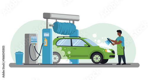 Car wash scene with green suv and worker in apron using brush