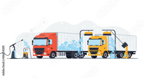 Truck washing station scene with red and yellow trucks and cleaning equipment