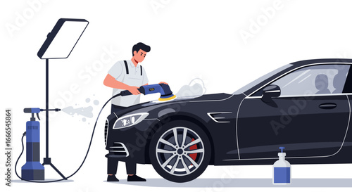 Car detailing process with professional polisher and tools in modern setting