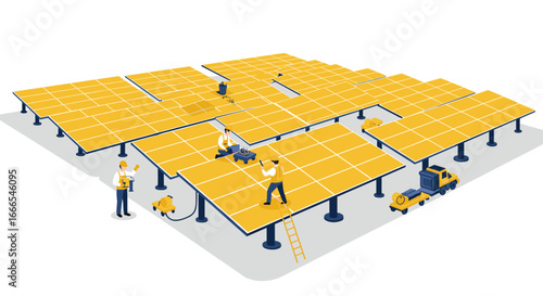 Isometric solar energy installation: workers setting up solar panels on large grid
