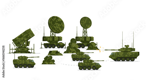 Military vehicles and radar systems on white background for defense concepts