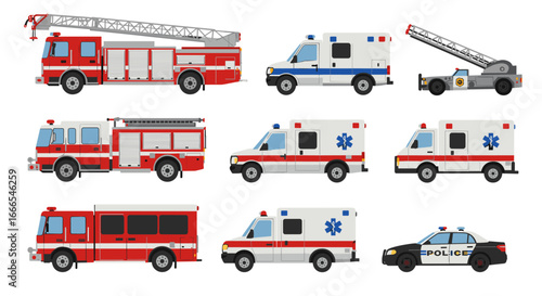 Emergency vehicles collection: fire trucks, ambulances, and police car in flat design