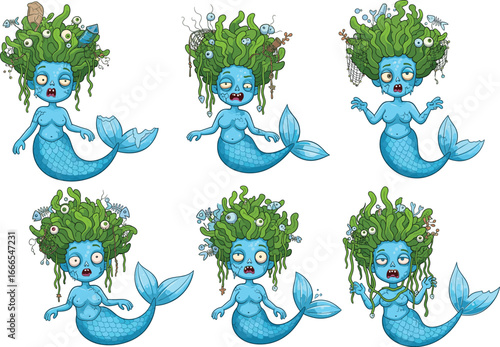 Cartoon zombie mermaid character set, creepy sea creature with green algae hair, scary undead siren expressions, fantasy horror ocean monster vector illustration
