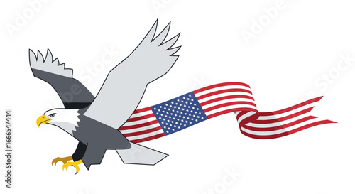 An American bald eagle soars with the Stars and Stripes ribbon unfurled behind it, symbolizing freedom and national pride.
